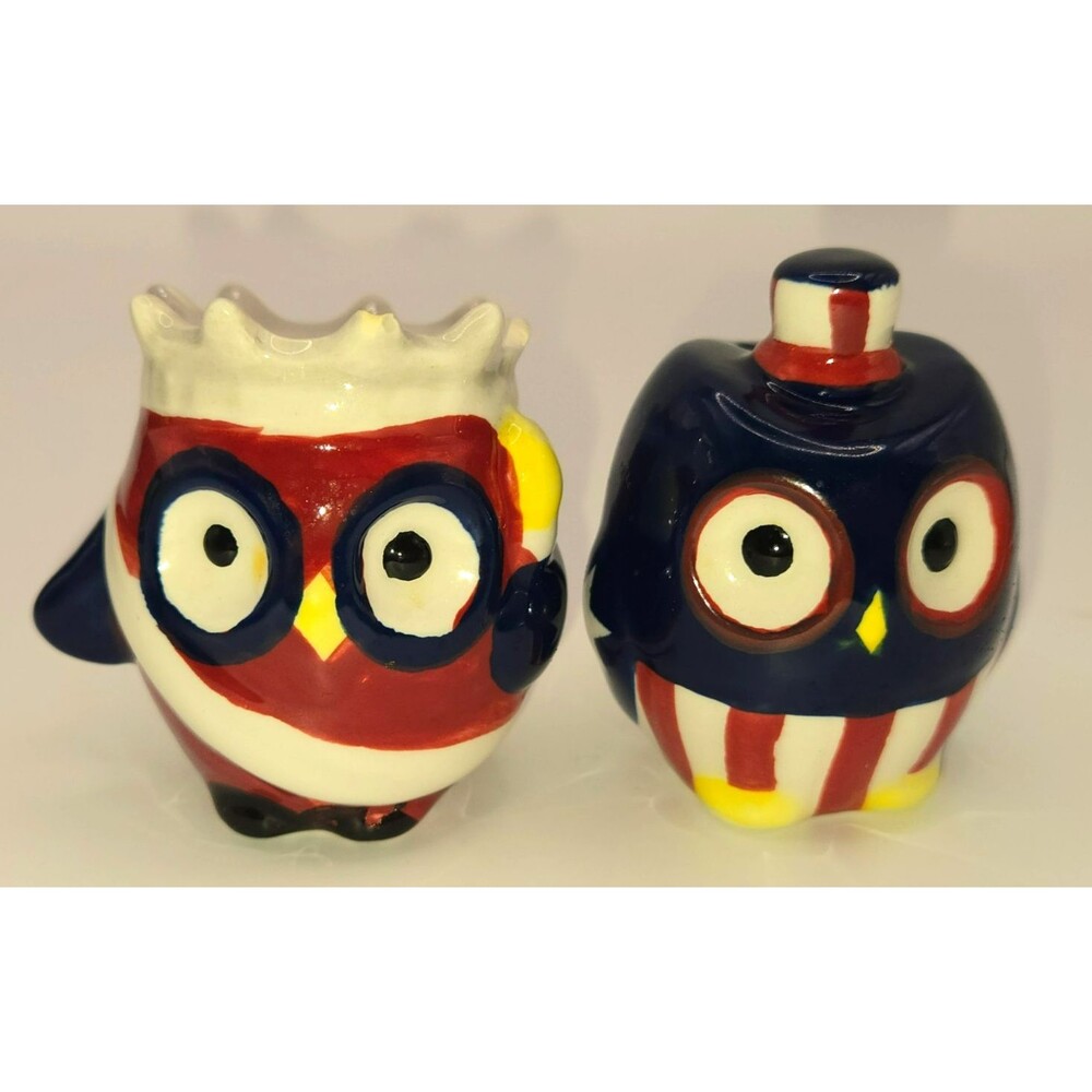 Patriotic Owl Salt & Pepper Shakers Ceramic Uncle Sam Stars Stripes 4th of July